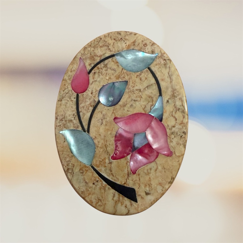 Oval Soapstone and Marble Floral Mother of Pearl Trinket Jewelry Keepsake Box